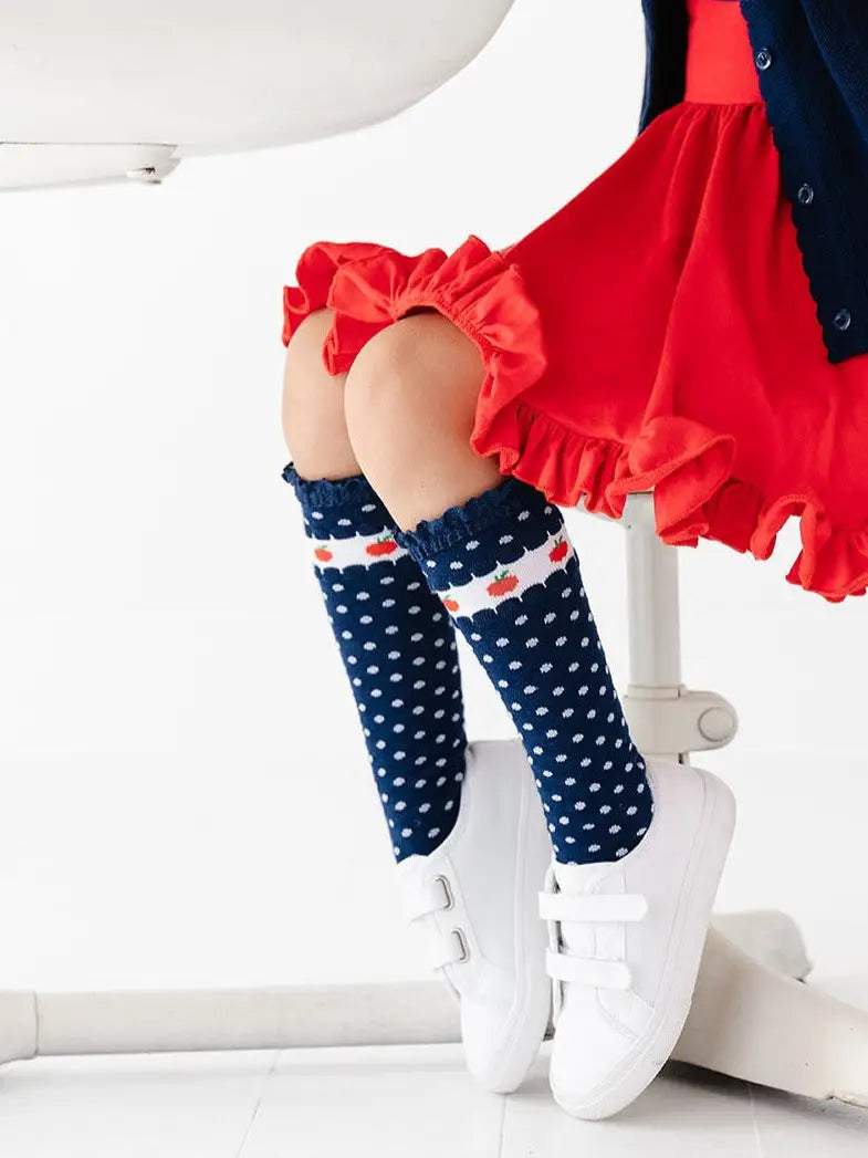 Navy Apple Lace Top Knee High Socks