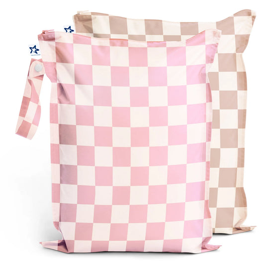 Mess-proof Wet Bags - 2pk | Checkered Pink + Beige