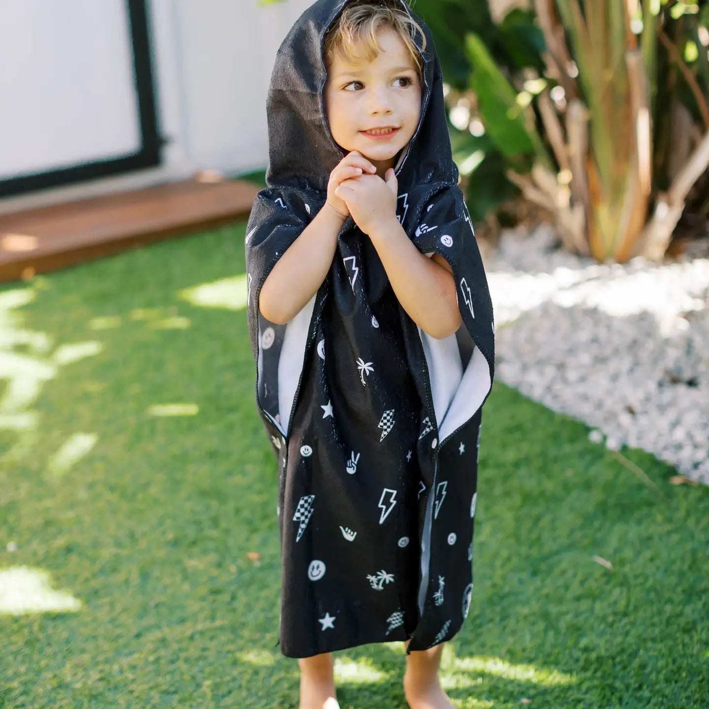 Kids Hooded Beach Poncho | Monochrome Smiley
