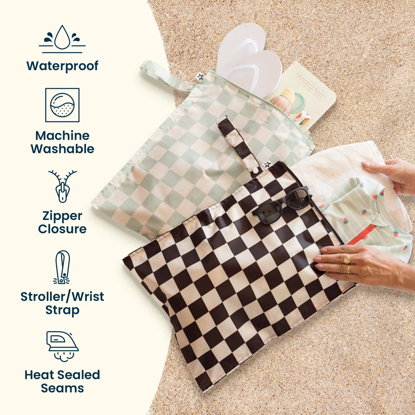 2pk Mess-proof Wet Bags | Checkered Black + Sage