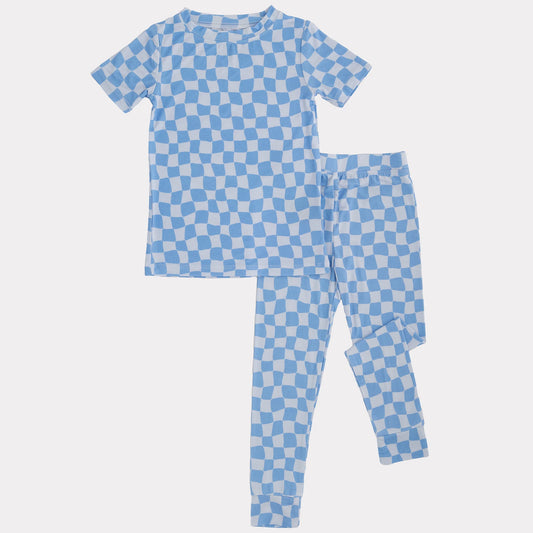 Short Sleeve Bamboo Sets | Blue Wavy Checks