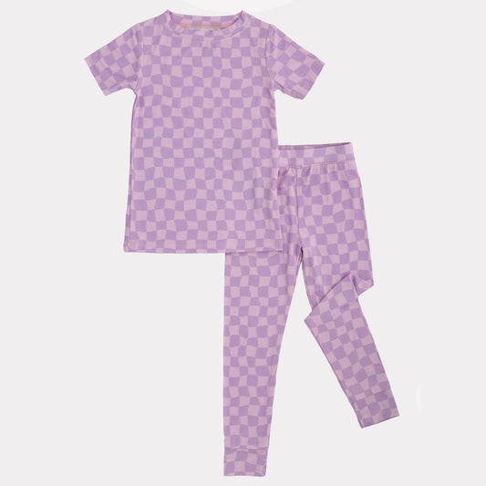 Short Sleeve Bamboo Sets | Purple Wavy Checks