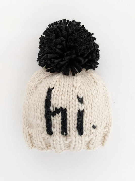 "Hi" Black Hand Knit Beanie Hat