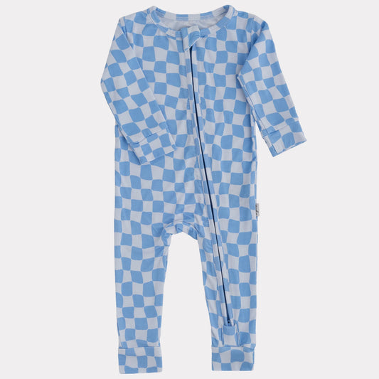 Bamboo Footless Sleeper | Blue Wavy Checks