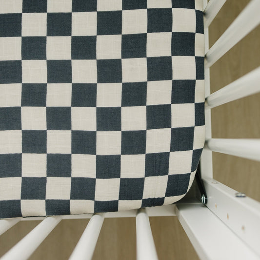 Charcoal Checkered Muslin Crib Sheet