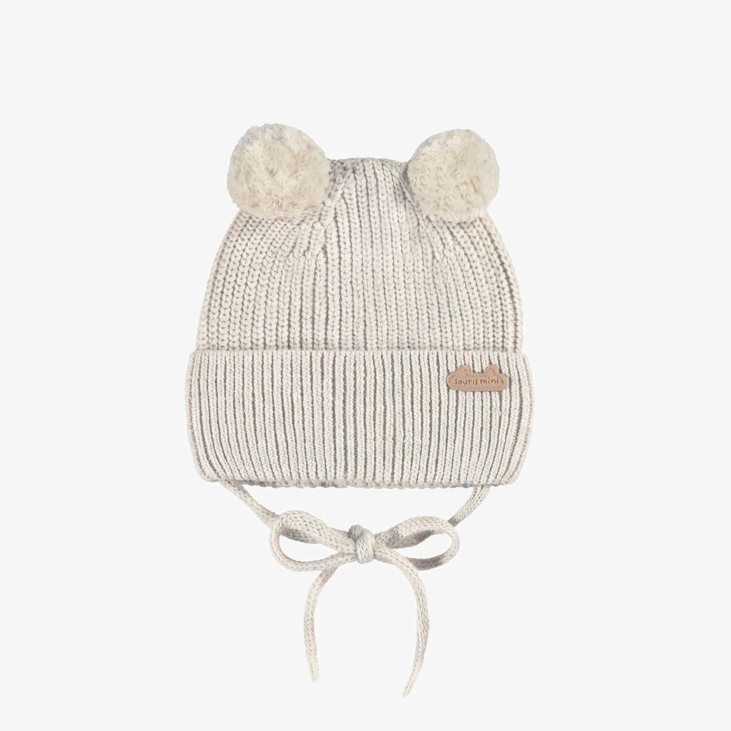 Cream knit beanie with pom-poms