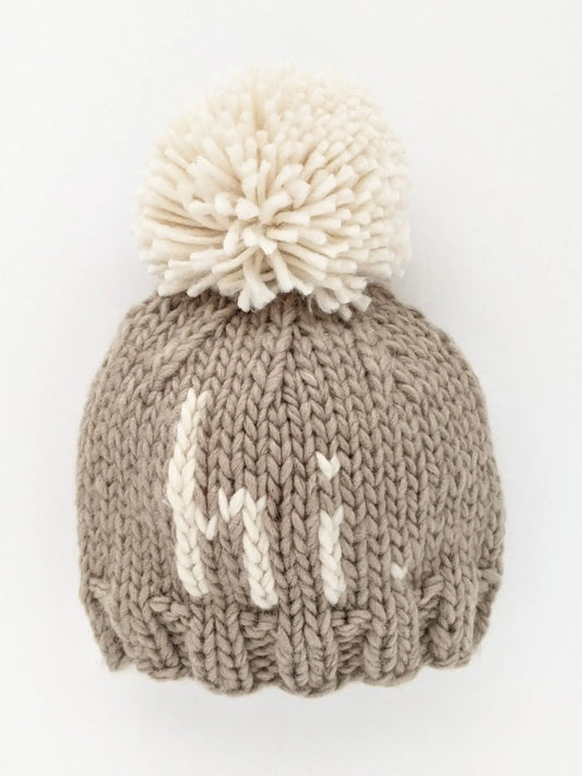 "Hi" Pebble Brown Hand Knit Beanie Hat