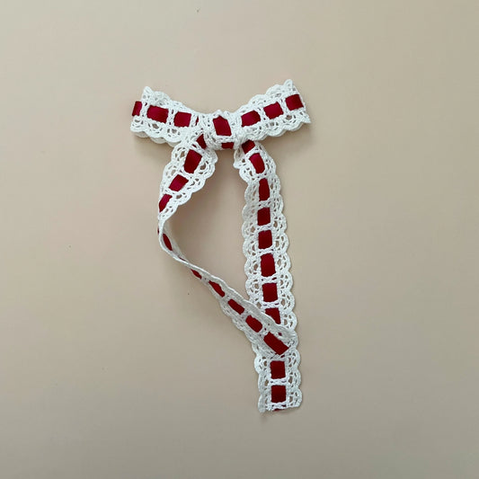 Red & White lace long tail bow