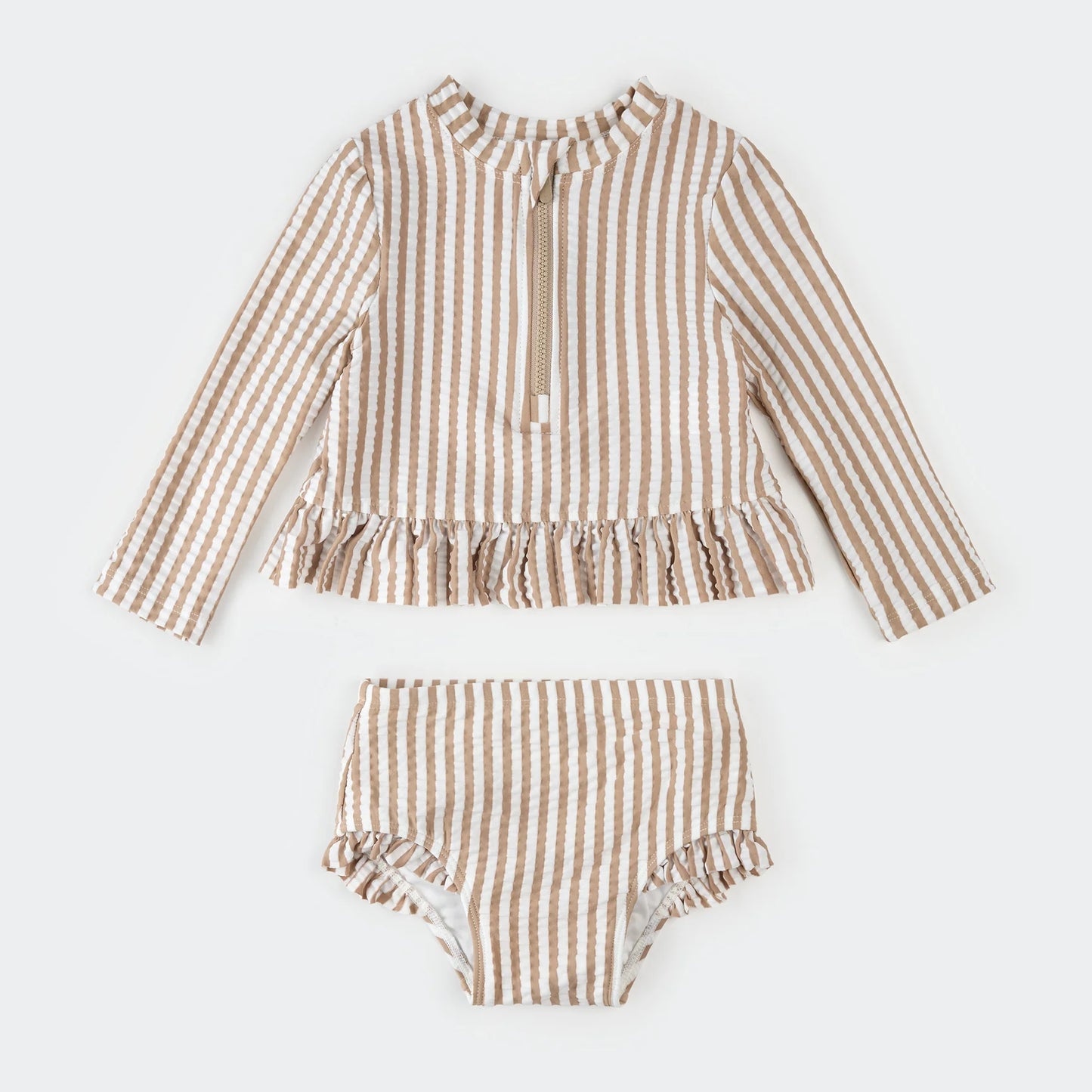Ruffle Taupe Stripe Rashguard Set