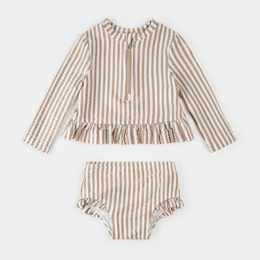 Ruffle Taupe Stripe Rashguard Set
