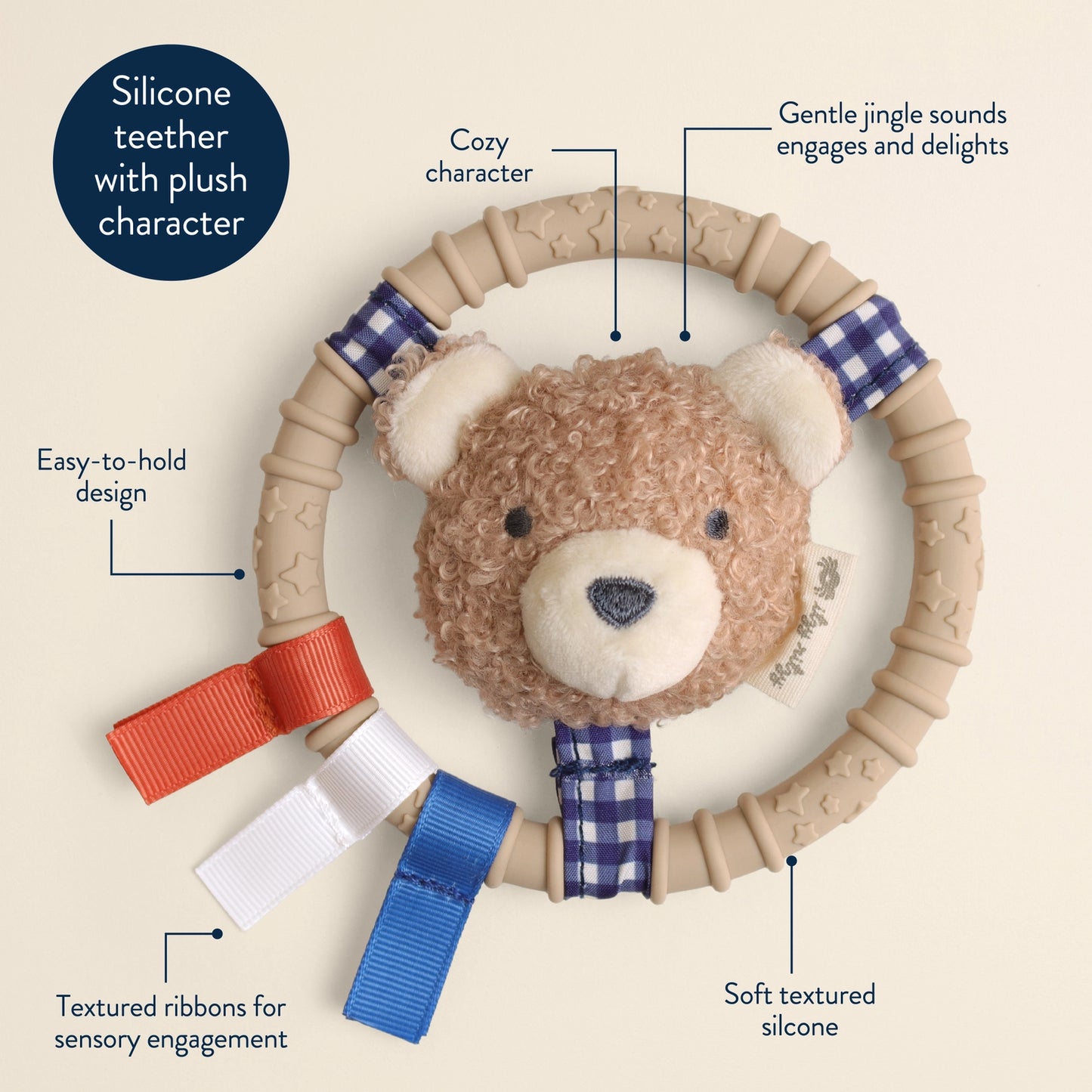 Itzy Ring Pal™ - Teething Ring with Plush Character | Taupe Bear